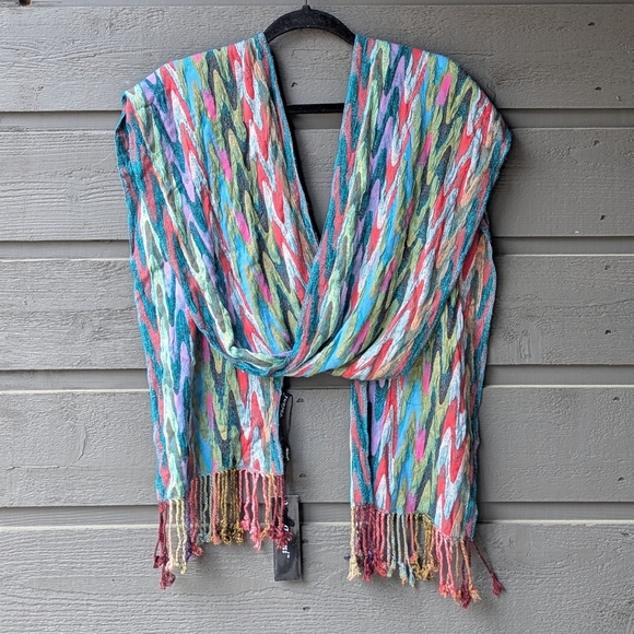 NWT Tolani Colorful Zigzag Wave Stretchy Scarf Fringe - Picture 6 of 7